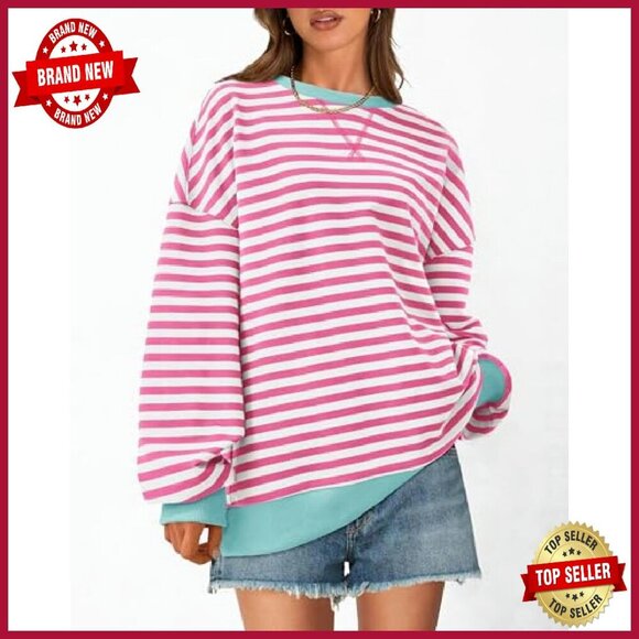 Oversized Striped Sweatshirt Crewneck Pullover Long Sleeve Loose Fit - Picture 4 of 8